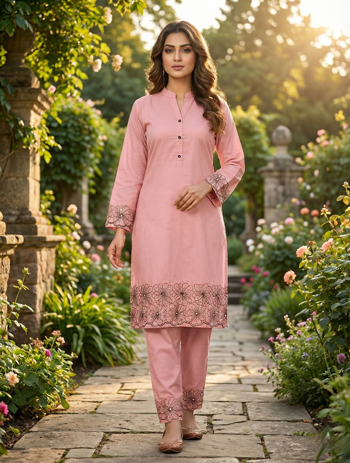 woman in traditional pink handmade embroidery co-ord set 